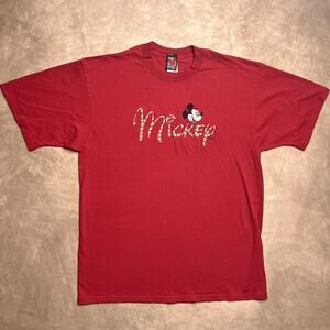 Vintage 90s Mickey Unlimited Disney Embroidered T-Shirt Red Short Sleeve Rainbow